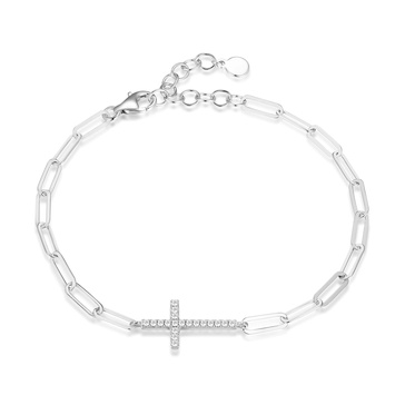 Amazon Essentials Cubic Zirconia Horizontal Cross Paperclip Chain Link Bracelet in Sterling Silver, 6.25" + 1.5" Extender (previously Amazon Collection)
