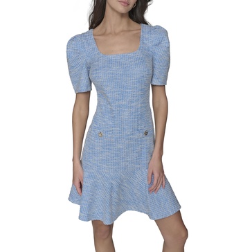 KARL LAGERFELD Women's Flounce Tweed Square Neck Aline Dress
