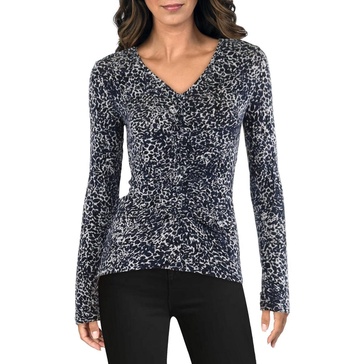 BCBGMAXAZRIA Women's Fitted Top Long Sleeve Ruched V Neck Shirt