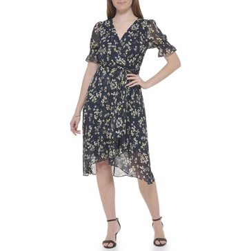 Tommy Hilfiger Women's Short Sleeve Midi Faux Wrap Chiffon
