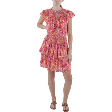 BCBGMAXAZRIA Women's Fit and Flare Mini Dress Short Ruffle Cap Sleeve Smocked Waist Shoulders Notched V Neck Tiered Skirt