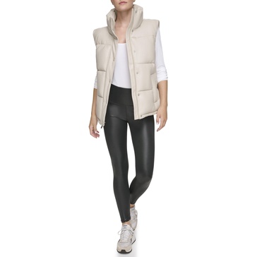 Andrew Marc Women's Funnel Collar Faux Leather Puffer Vest