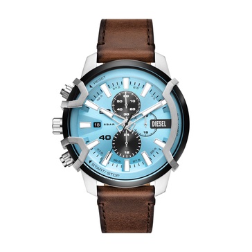 Diesel Griffed Stainless Steel and Leather Chronograph Men's Watch, Color: Silver, Brown (Model: DZ4656)