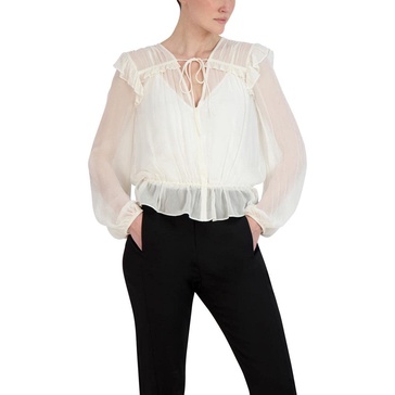 BCBGMAXAZRIA Women's Relaxed Peplum Top Long Sleeve V Neck with Tie Ruffle Drawstring Shirt