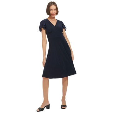 Tommy Hilfiger Women's Chiffon Flutter Sleeve V-Neck Knee Length Dress