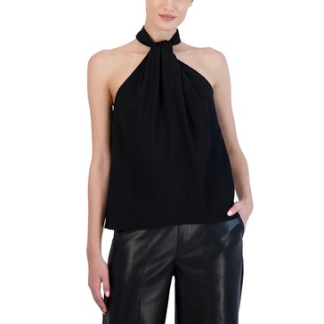 BCBGMAXAZRIA Women's Sleeveless Relaxed Top Twisted Halter Neck Back Keyhole Shirt