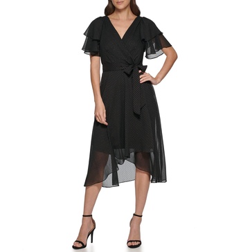 DKNY Women's Double Ruffle Sleeve Asymmetrical Hem Faux Wrap Dress