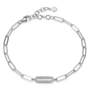 Amazon Essentials Platinum Over Sterling Silver Cubic Zirconia Oblong Paperclip Link Bracelet, 6 3/4 Inches with 1 1/4 Inch Extender, (previously Amazon Collection)