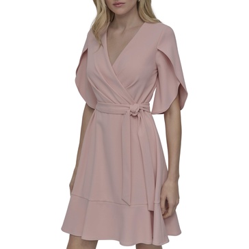 DKNY womens Tulip Sleeve Scuba Crepe Faux Wrap Dress