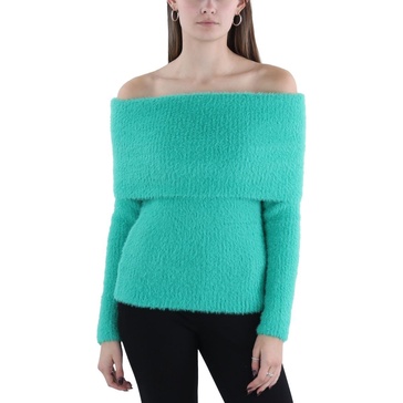 BCBGMAXAZRIA Women's Off Shoulder Neck Long Sleeve Fold Over Collar Rip Pullover Sweater Top