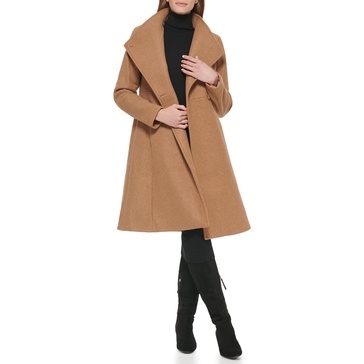 Calvin Klein Women's Ring Snap Detail Asymmetrical Closure Stand Collar Welt Pockets Coat