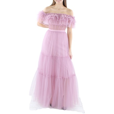 BCBGMAXAZRIA Women's Fit and Flare Floor Length Evening Gown Off The Shoulder Short Sleeves Boned Bustier Tiered Ruffle Skirt