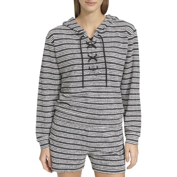 Andrew Marc Women's Heritage Striped Stretch Terry Long Sleeve Lace Up Hoodie