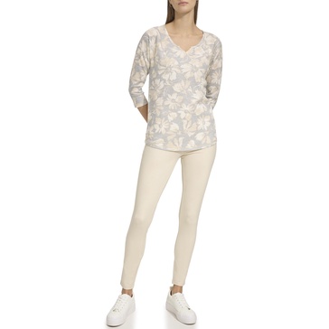 Andrew Marc Women's 3/4 Sleeve Split Neck Boxy Waffle Knit T-Shirt
