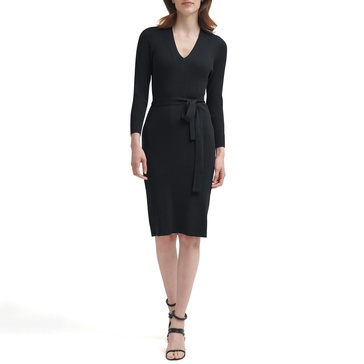 DKNY womens Tie Waist V-neck Sweater Dress