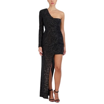 BCBGMAXAZRIA Women's Fitted Floor Length Evening Gown One Long Sleeve Asymmetrical Neck High Low Hem Dress