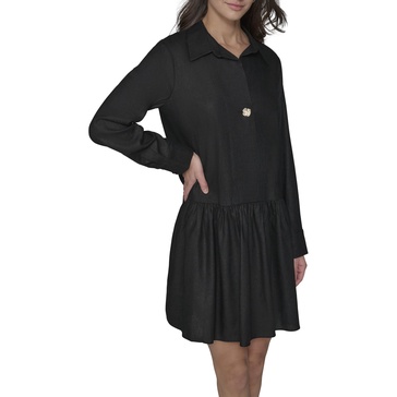 KARL LAGERFELD Women's Gathered Flounce Linen Longer Sleeved Shirt Dress