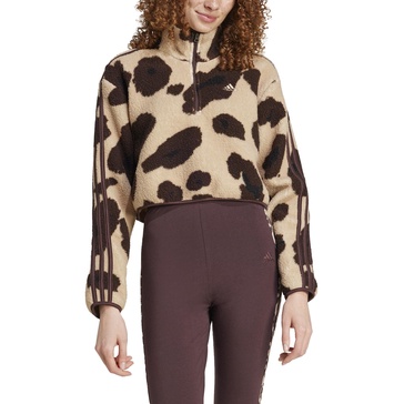adidas Women's Essentials 3-Stripes Animal Print High Pile Cropped Quarter-Zip Top