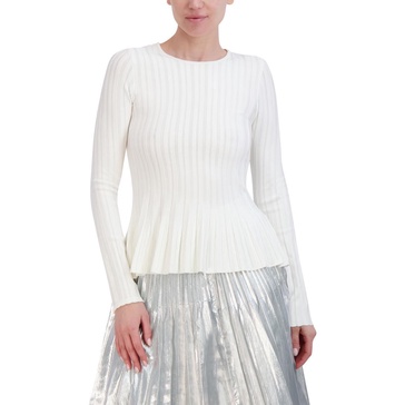 BCBGMAXAZRIA Women's Long Sleeve Crew Neck Pullover Peplum Sweater Top