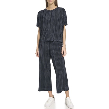 Andrew Marc Womens Short-sleeve Boxy Plisse Top