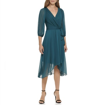 DKNY Women's Balloon Half Sleeve Faux Wrap Midi Dress