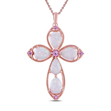 Amazon Essentials Womens 14K Rose Gold over Sterling Silver Created Opal with Created Pink Sapphire Cross Pendant Necklace, 18", (previously Amazon Collection)