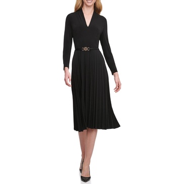 Tommy Hilfiger Women's V-neck Quarter Sleeve Belted Midi Dress