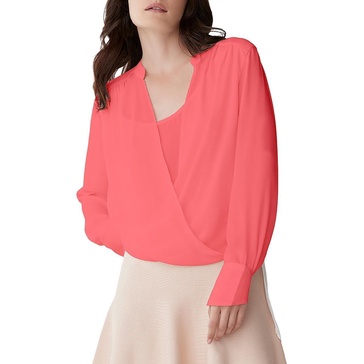 BCBGMAXAZRIA Women's Relaxed Long Sleeve Faux Wrap Blouse Scoop Neck Surplice Top