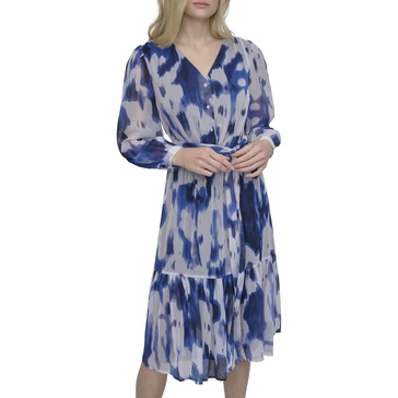 DKNY Women's Long Sleeve V-Neck Tie Waist Midi Dress