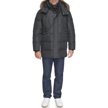 Andrew Marc Men's Gattica Down Parka Jacket with Removable Faux Fur Trimmed Hood and Bib