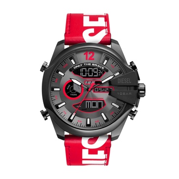 Diesel Mega Chief Stainless Steel and Leather Analog-Digital Men's Watch, Color: Gunmetal, Red (Model: DZ4647)