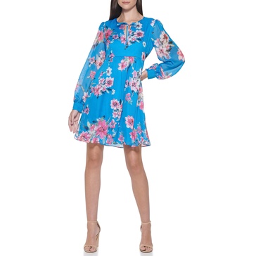 kensie Women's Balloon Sleeve Tie Neck Mini Dress
