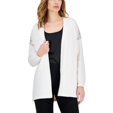 Anne Klein Womens Embellished Knit Cardigan Sweater