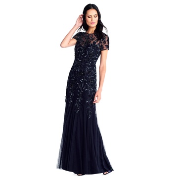 Adrianna Papell Women's Floral Beaded Godet Gown, Twilight, 16