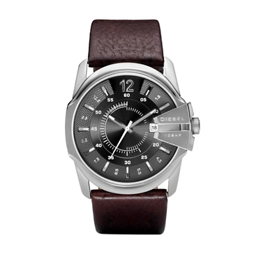 Diesel Master Chief Stainless Steel and Leather Three-Hand Analog Men's Watch, Color: Silver, Brown (Model: DZ1206)