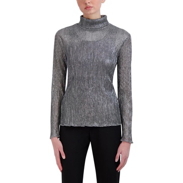 BCBGMAXAZRIA Women's Fitted Long Sleeve Top Mock Neck Pleated Glitter Mesh Shirt