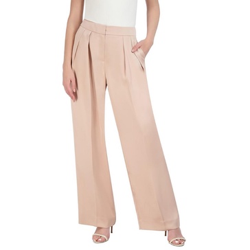 BCBGMAXAZRIA Women's High Waisted Wide Leg Pant Pleated Double Weave Satin Functional Pocket Trouser