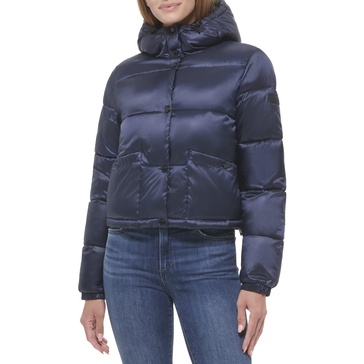 Calvin Klein Women's Lightweight Cropped Hooded Snap Pockets Puffer
