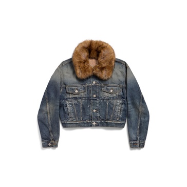 Women's Faux-fur Collar Denim Jacket in Dark Blue