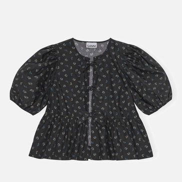 Ganni Ditsy-Print Organic Cotton Peplum Blouse - UK 6