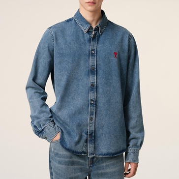 AMI Denim De Coeur Logo-Embroidered Shirt - M