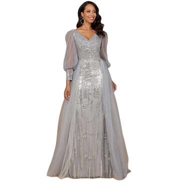 Women's Long Sleeve Lace Gown with Removable Over Skirt