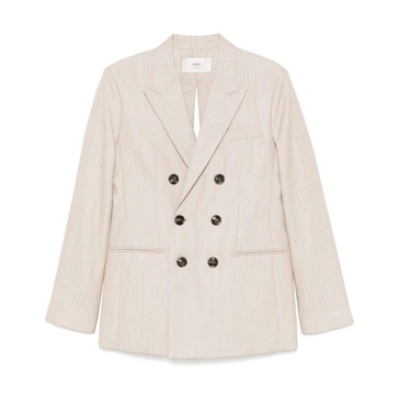 Beige Wool Double-Breasted Blazer Jacket