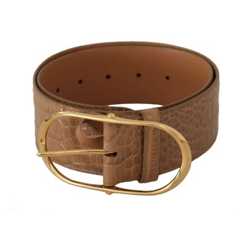 Brown Beige Leather Gold Metal Oval Buckle Belt