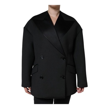 Black Double-Breasted Coat Jacket with Logo