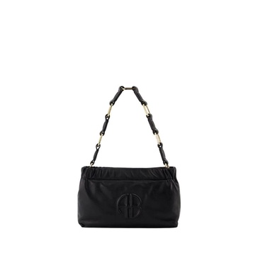 Black Leather Shoulder Bag with Gold-Tone Hardware