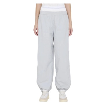 Grey Crinkle Nylon Track Pants with Elastic Waistband
