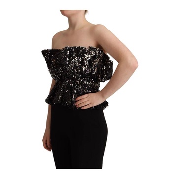 Black Sequined Polyester Strapless Cocktail Blouse Top
