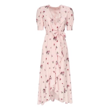 Rose Print Silk Wrap Dress with Belt