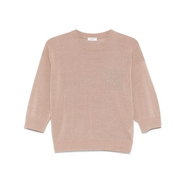 Brown Bead-Detailing Sweater with Ribbed Hem